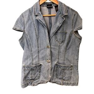 Ratio Liz Claiborne Denim Stretch Shirt Medium Button‎ Front Short Sleeve